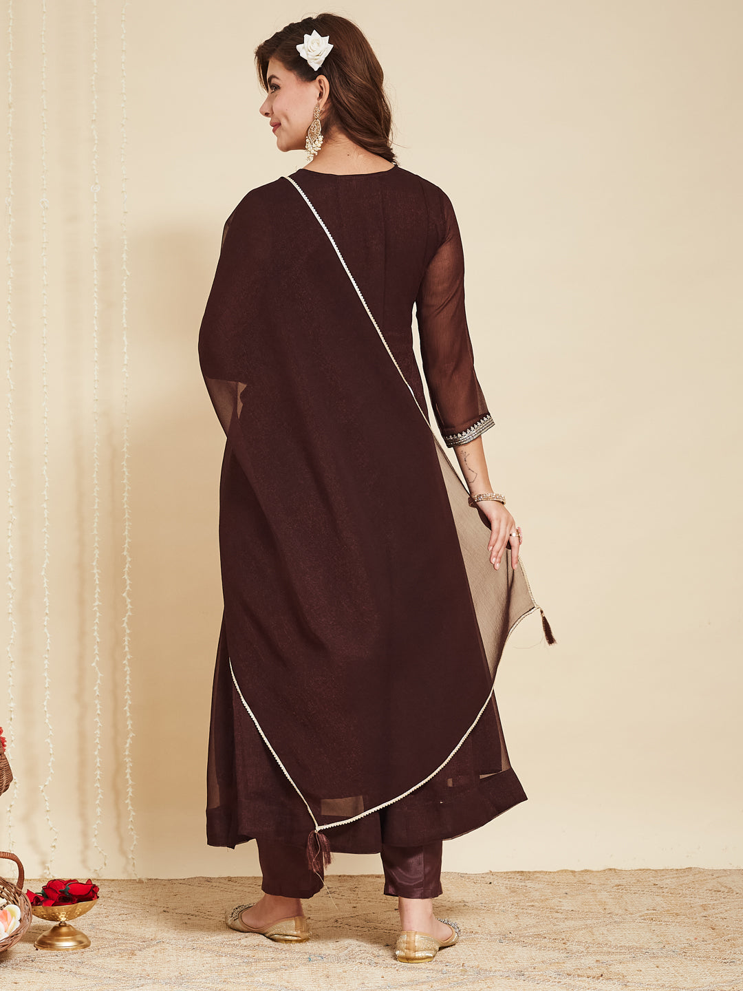 Coffee Chiffon Embroidered Anarkali kurta with dupatta set