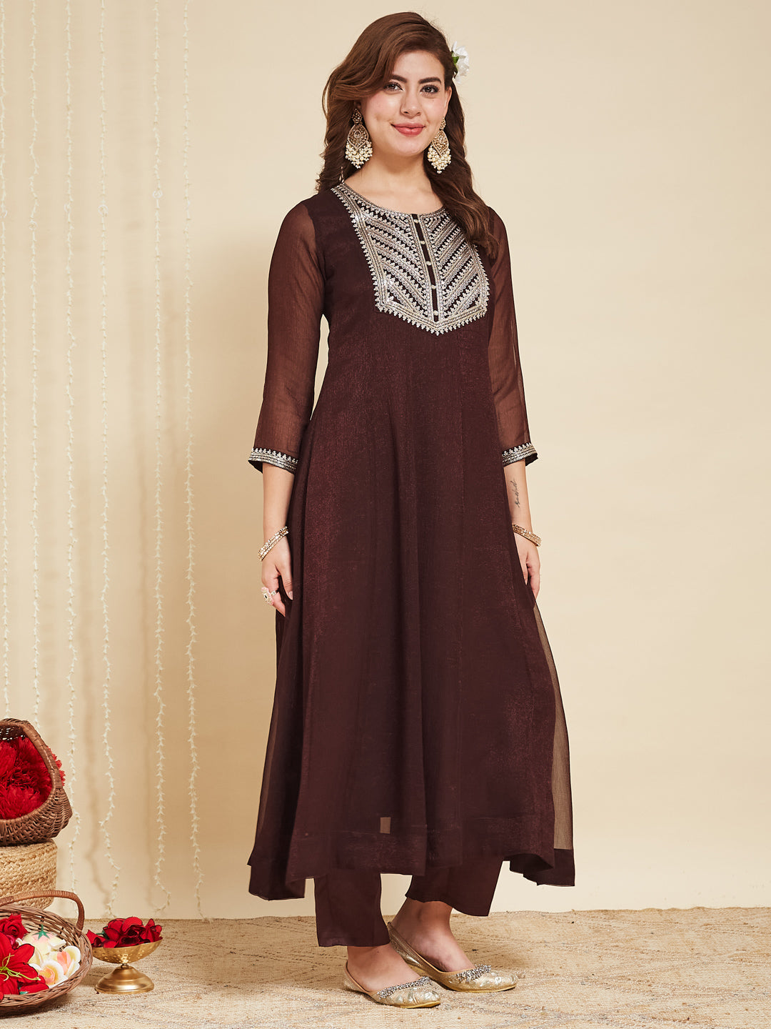 Coffee Chiffon Embroidered Anarkali kurta with dupatta set