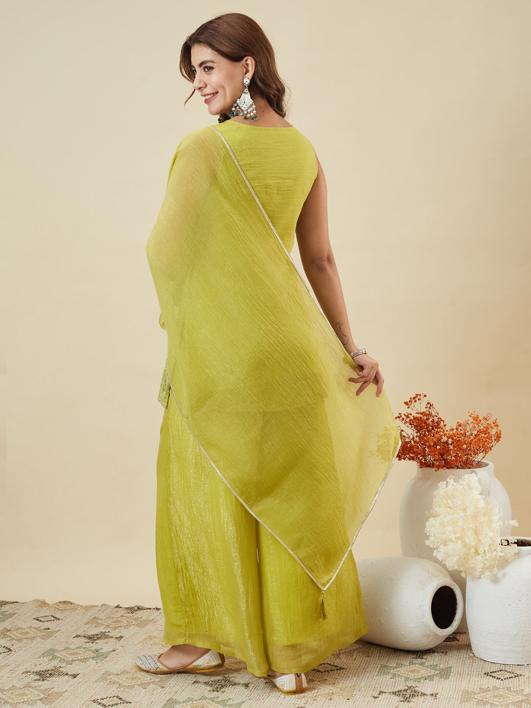 Neon Silk Embroidered Palazzo Suit with Dupatta