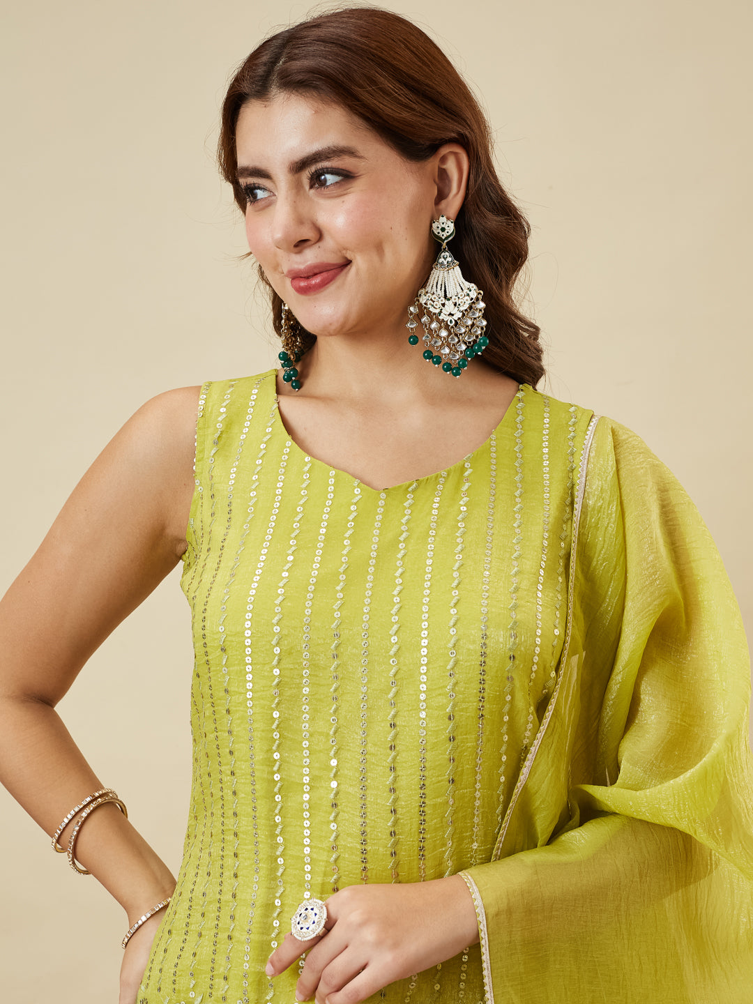 Neon Silk Embroidered Palazzo Suit with Dupatta