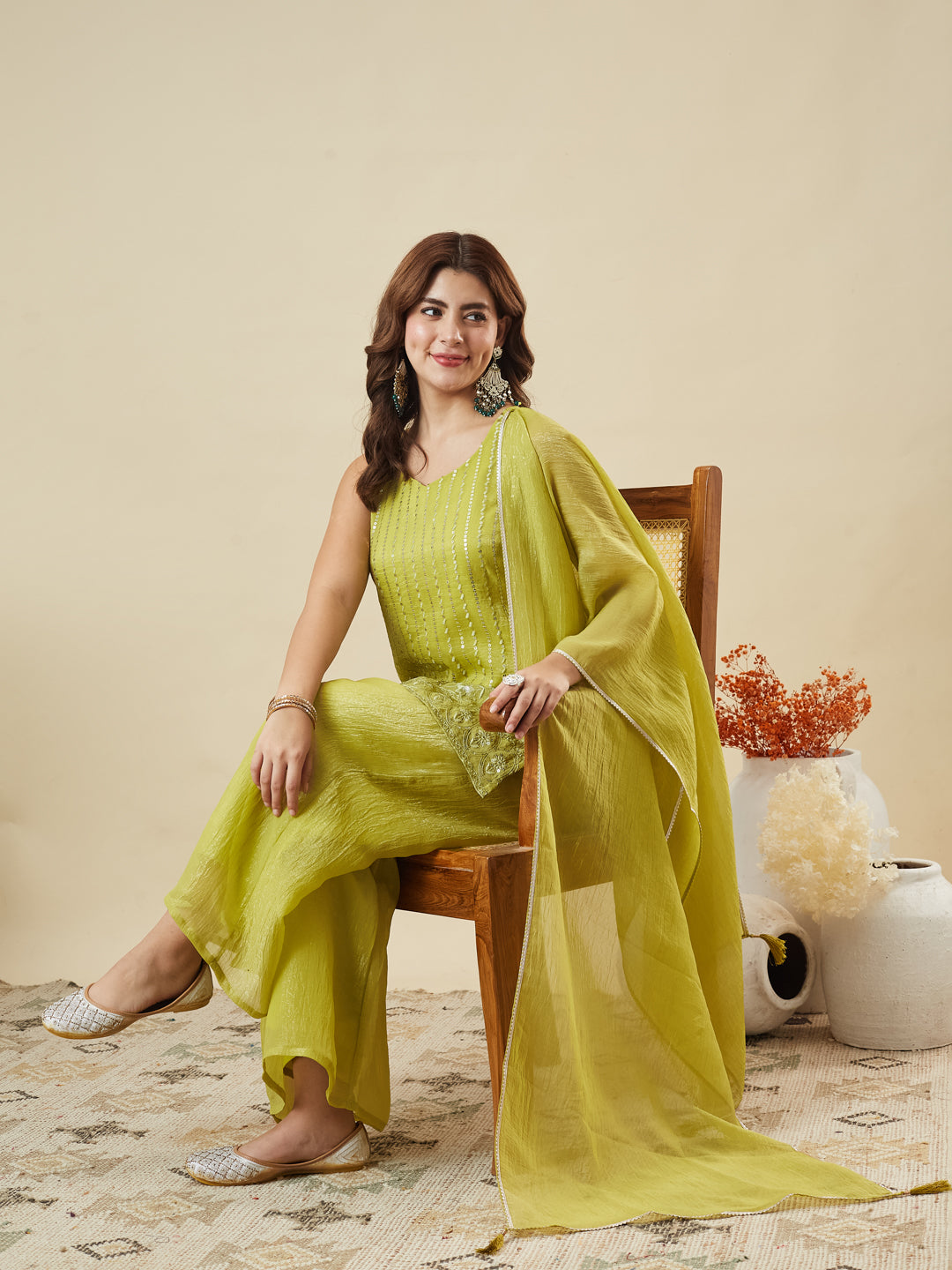 Neon Silk Embroidered Palazzo Suit with Dupatta