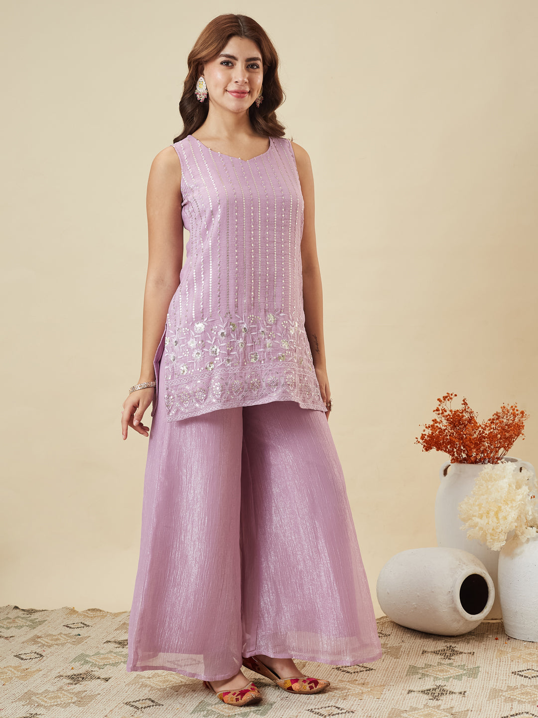 Lavender Silk Embroidered Palazzo Suit with Dupatta