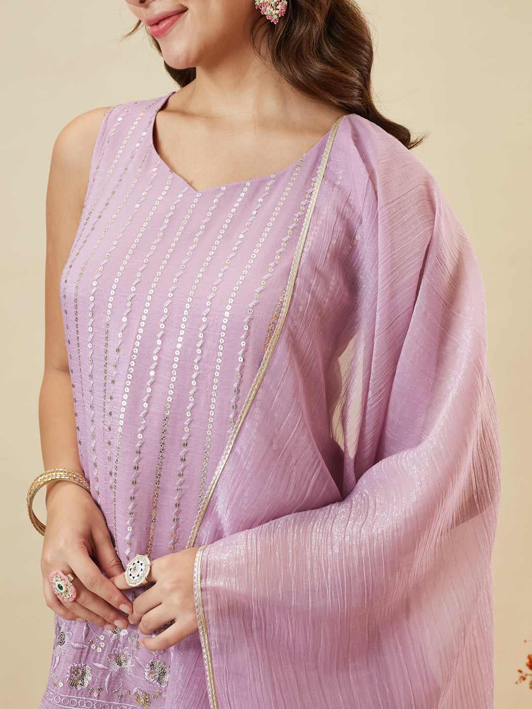 Lavender Silk Embroidered Palazzo Suit with Dupatta