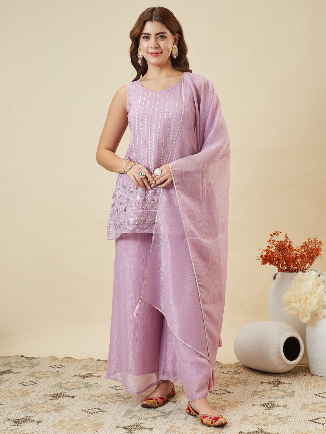 Lavender Silk Embroidered Palazzo Suit with Dupatta