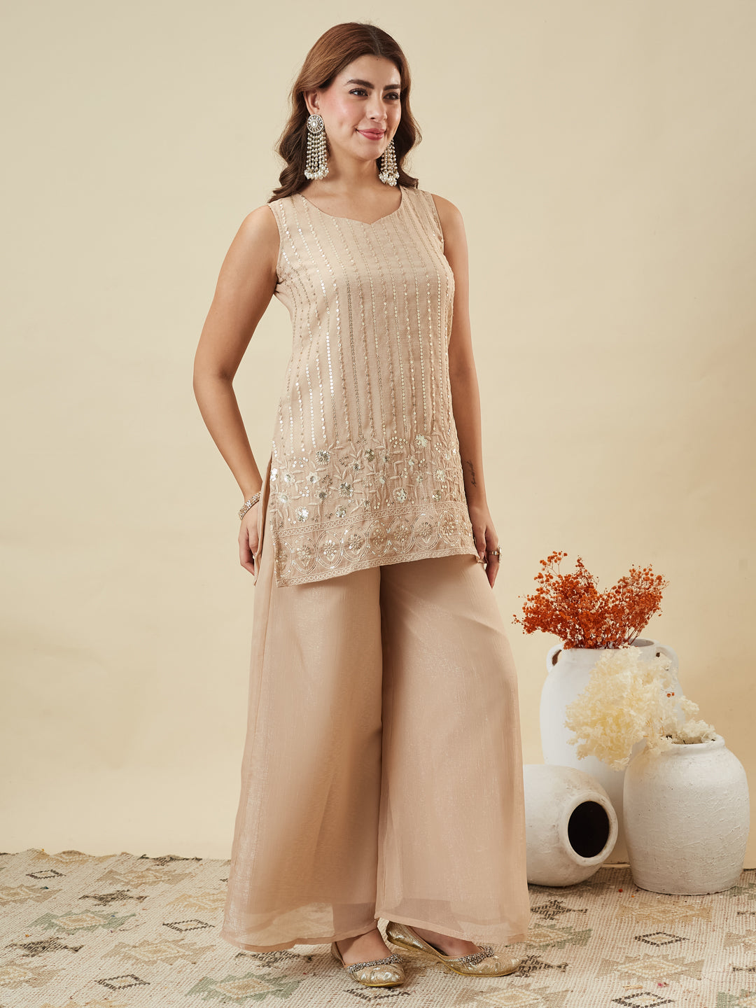 Beige Silk Embroidered Straight Suit Set with Dupatta | left side full image 