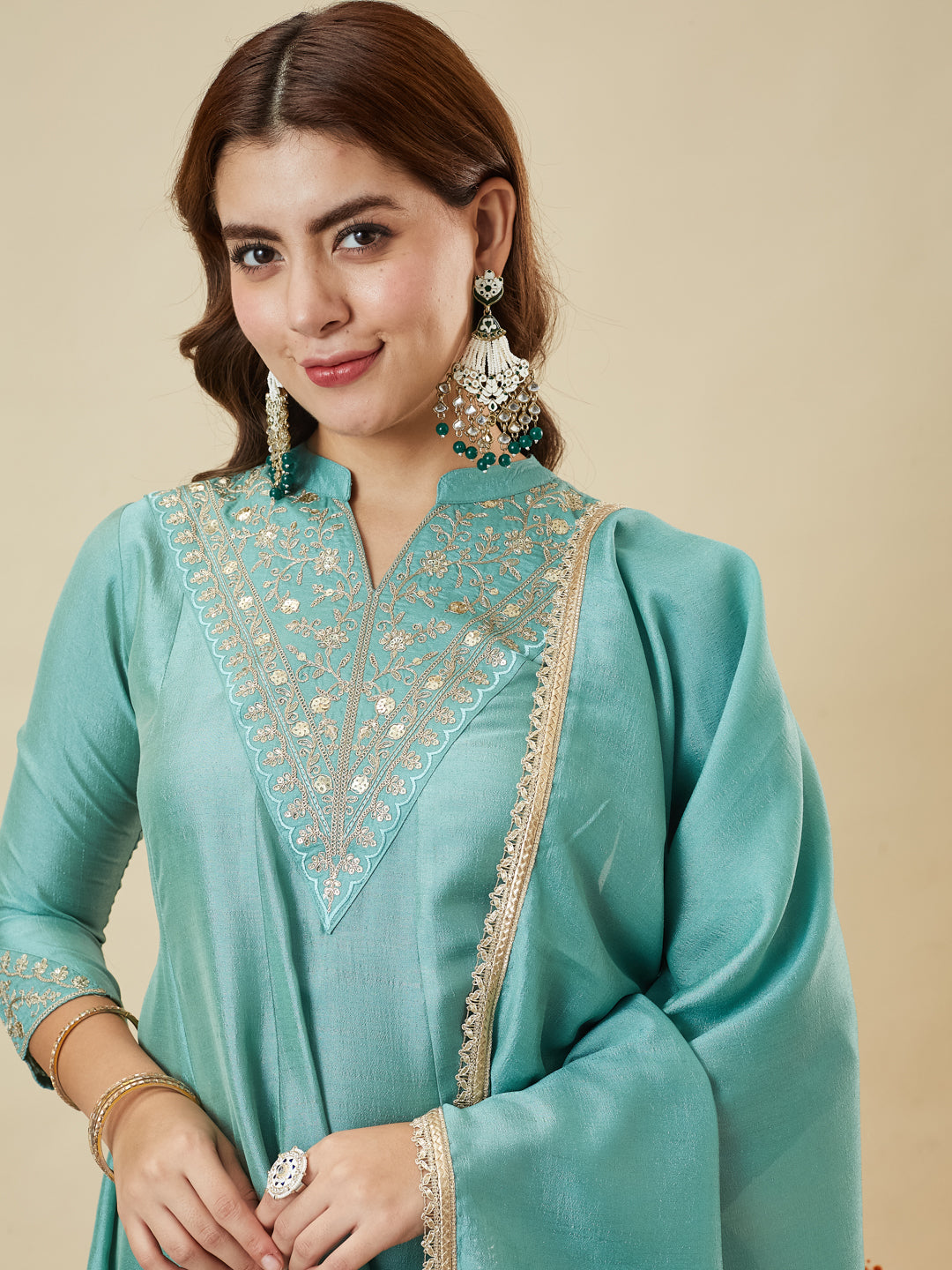 C-Green Silk Embroidered Kurta Sharara Suit With Dupatta
