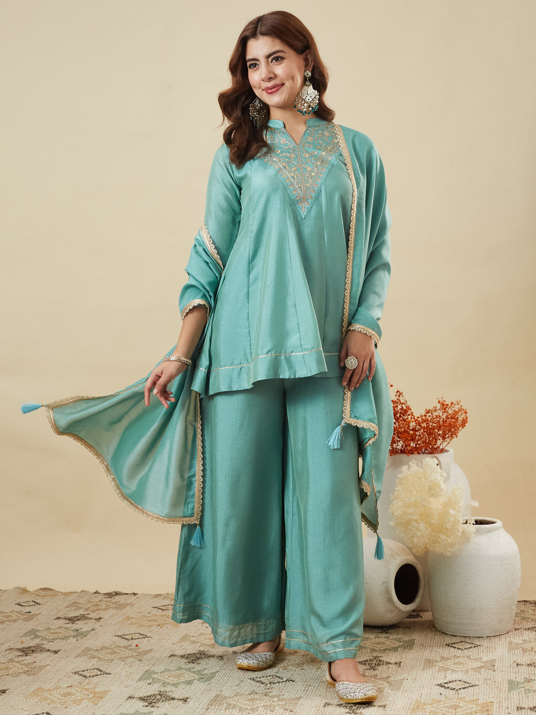 C-Green Silk Embroidered Kurta Sharara Suit With Dupatta