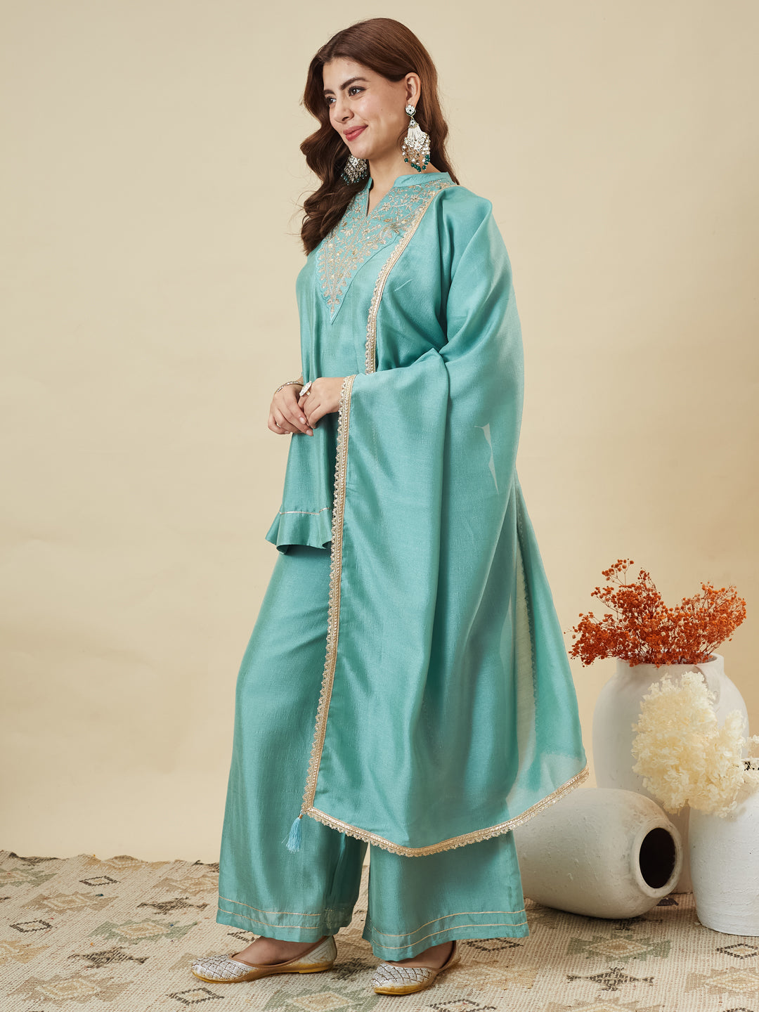 C-Green Silk Embroidered Kurta Sharara Suit With Dupatta