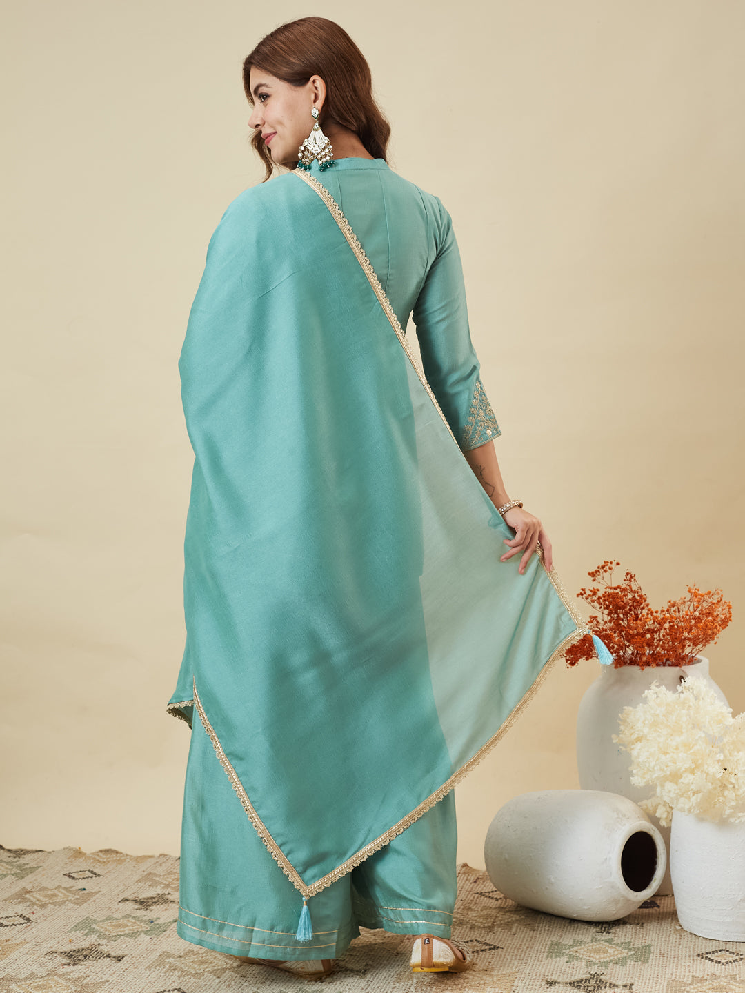 C-Green Silk Embroidered Kurta Sharara Suit With Dupatta