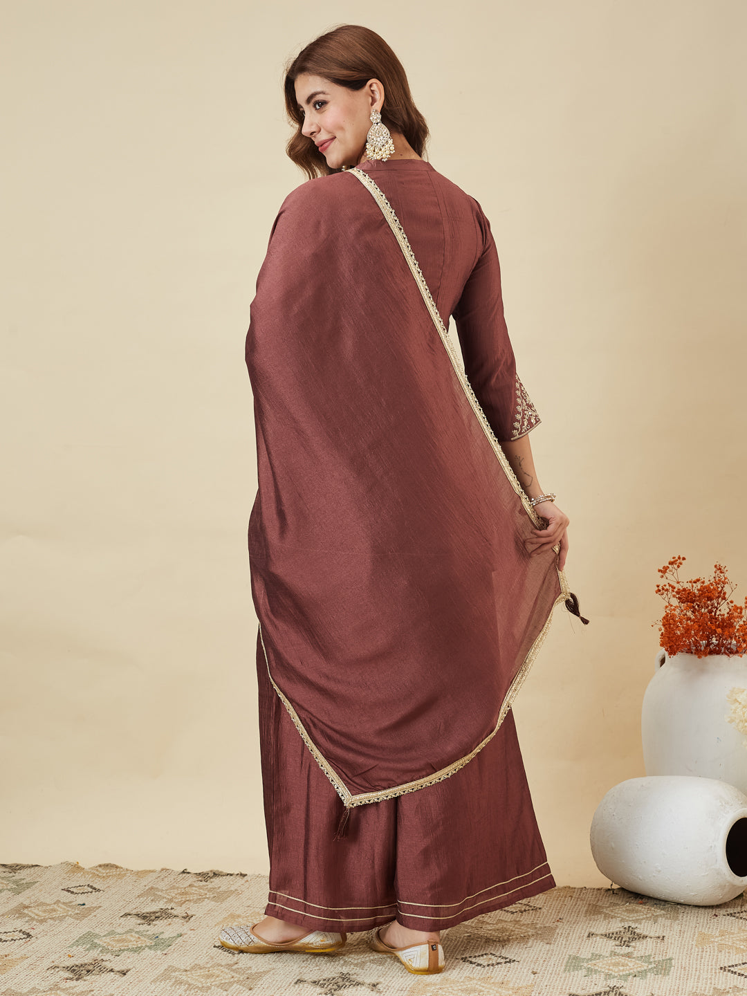 Berry Brown Silk Embroidered Kurta Sharara Suit With Dupatta