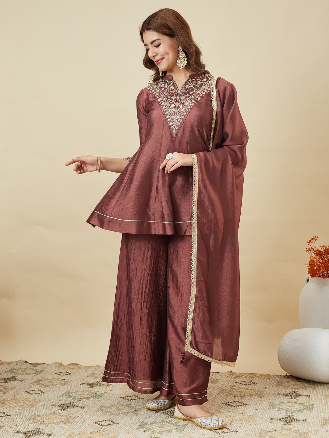 Berry Brown Silk Embroidered Kurta Sharara Suit With Dupatta