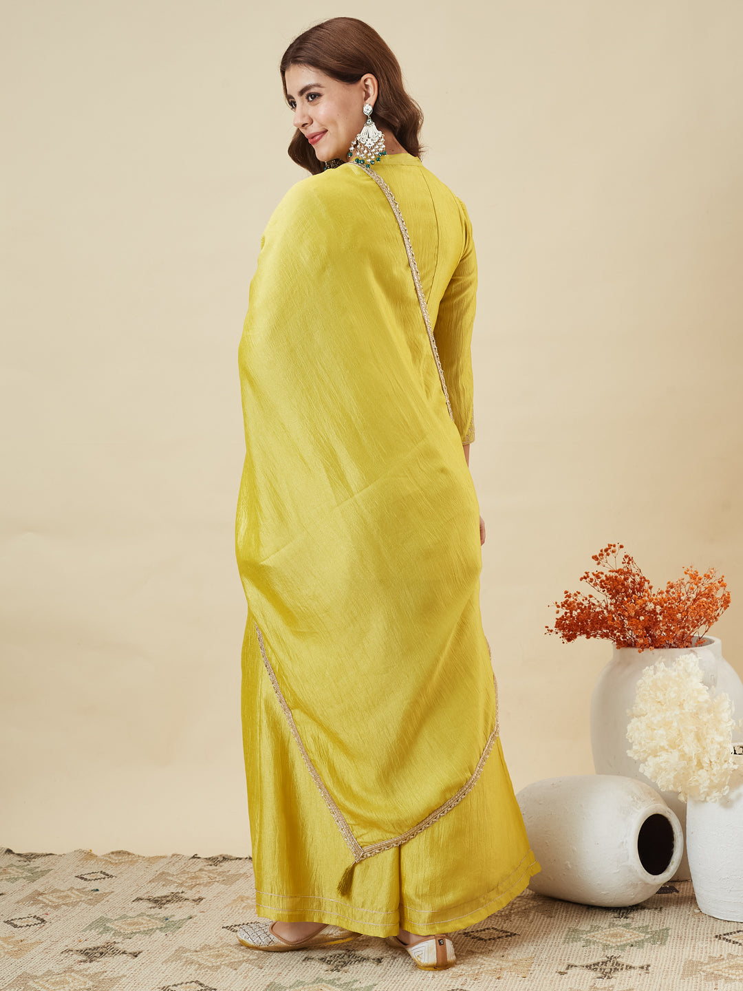 Yellow Silk Embroidered Kurta Sharara Suit With Dupatta