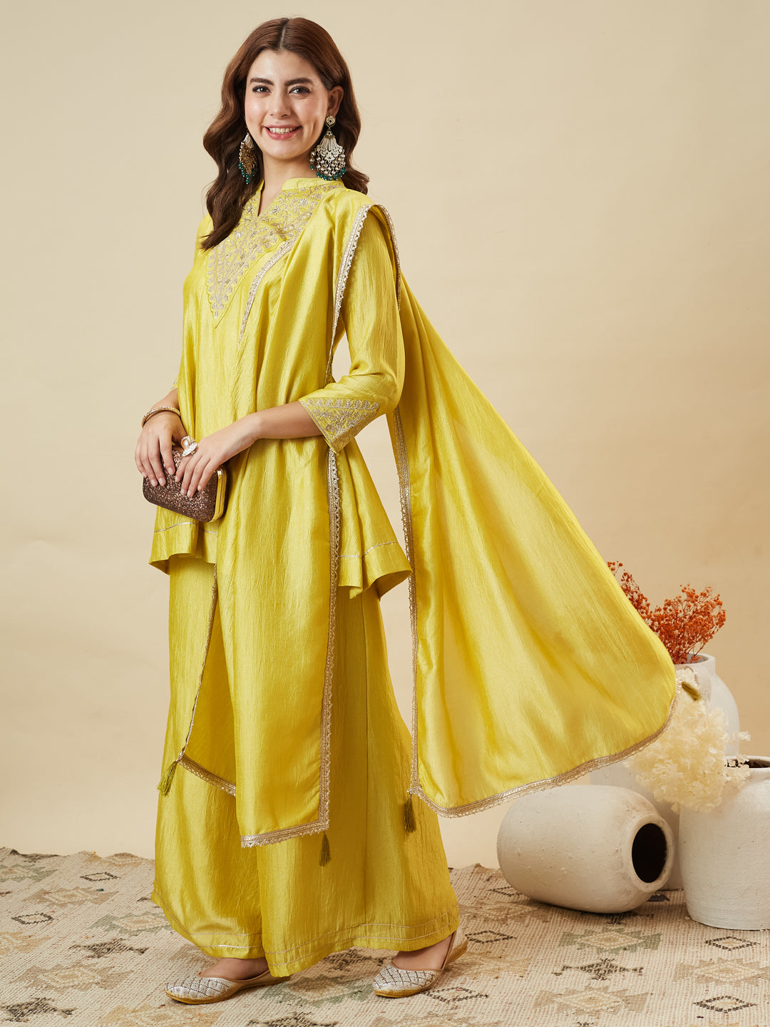 Yellow Silk Embroidered Kurta Sharara Suit With Dupatta