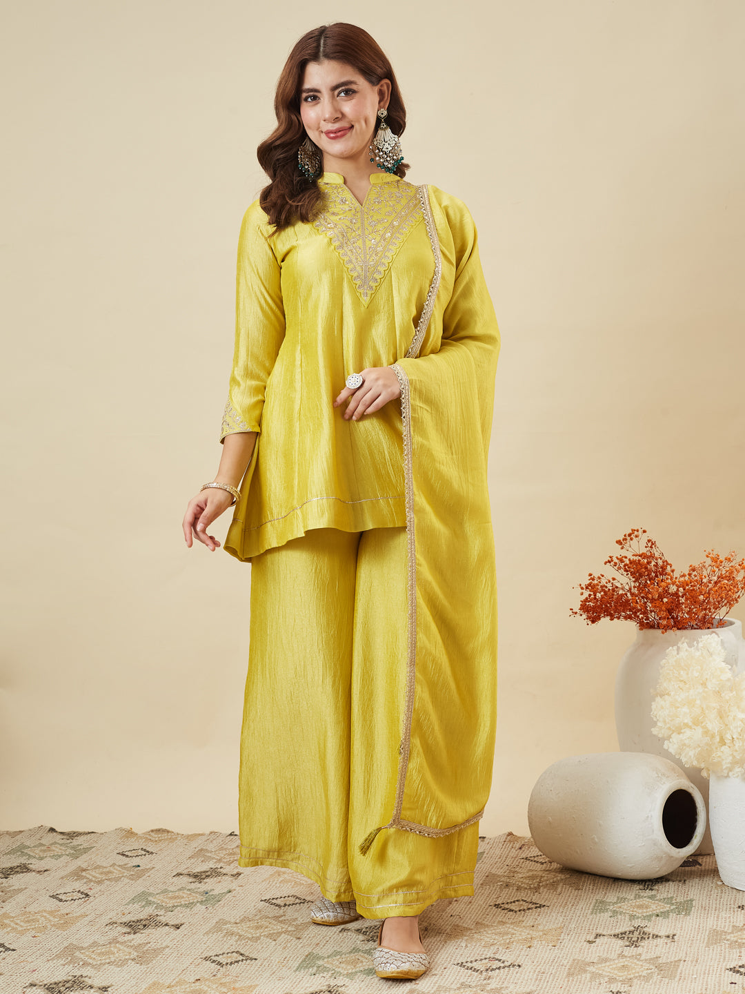 Yellow Silk Embroidered Kurta Sharara Suit With Dupatta