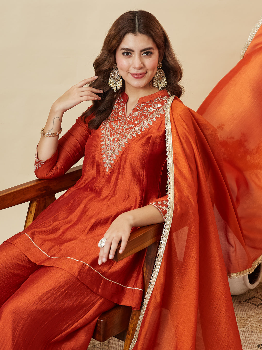Orange Silk Embroidered Kurta Sharara Suit With Dupatta