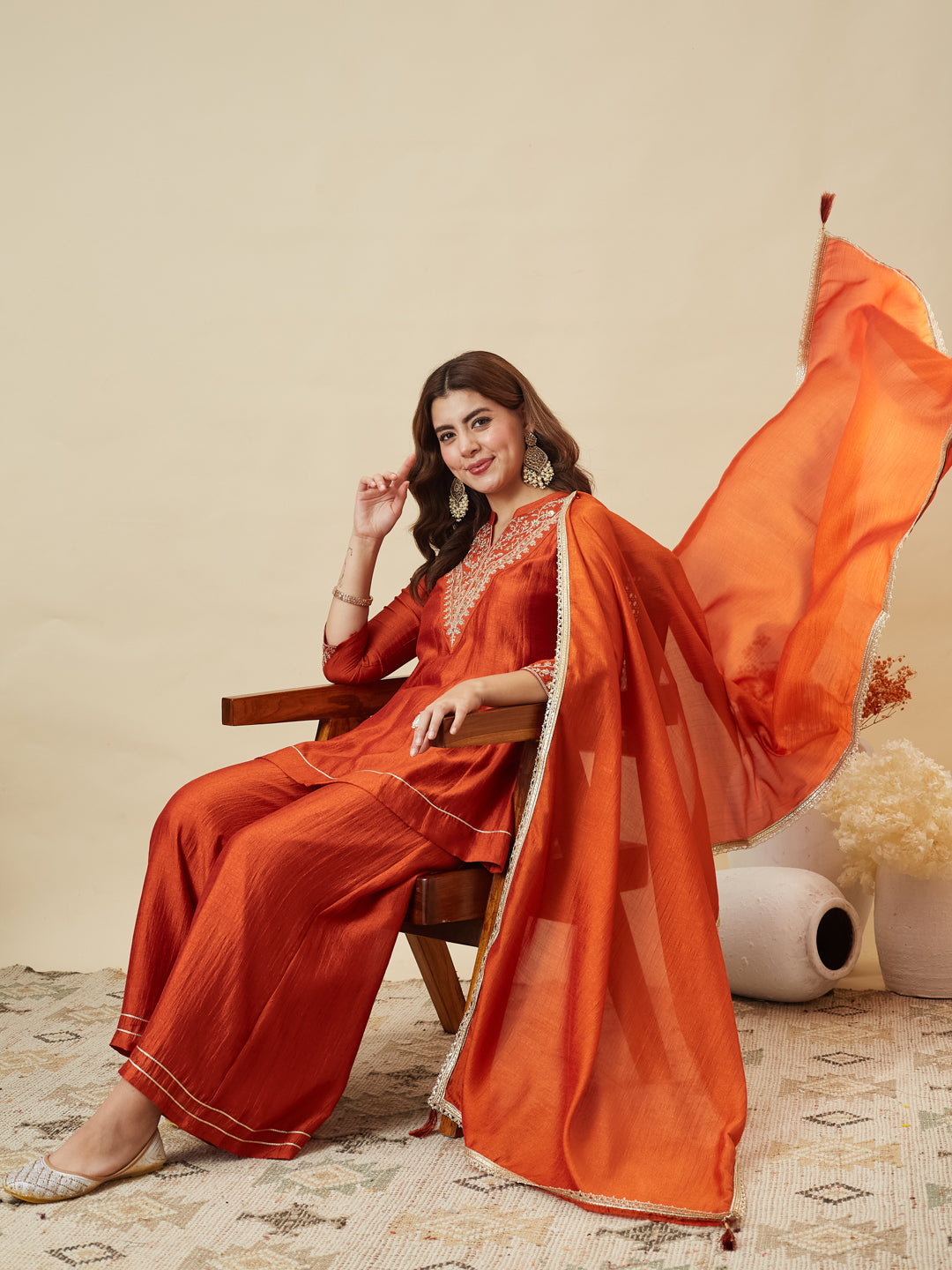 Orange Silk Embroidered Kurta Sharara Suit With Dupatta