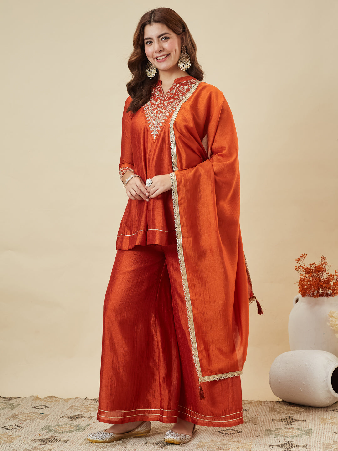 Orange Silk Embroidered Kurta Sharara Suit With Dupatta
