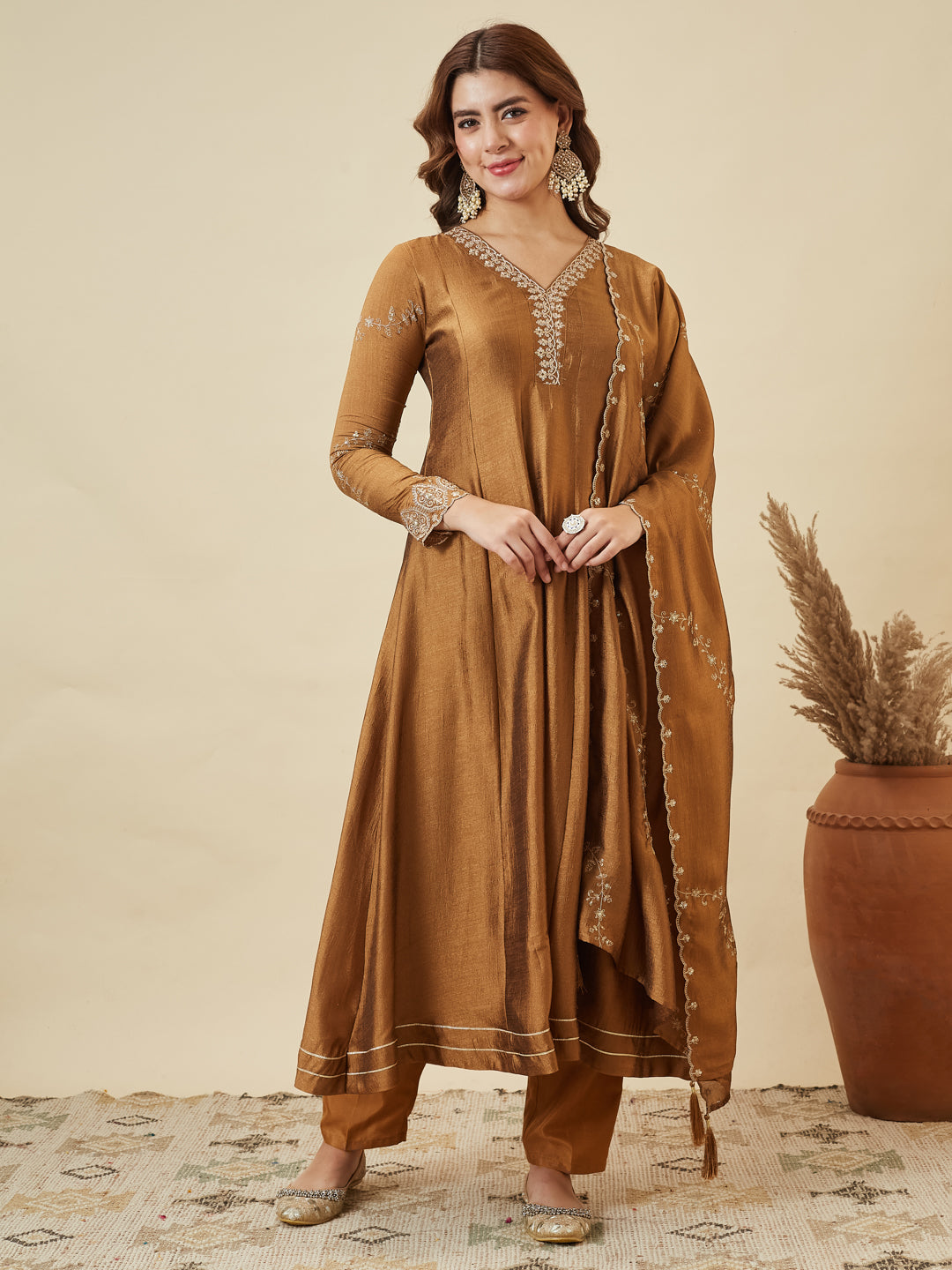 Golden Silk Embroidered Anarkali Kurta with Dupatta Set