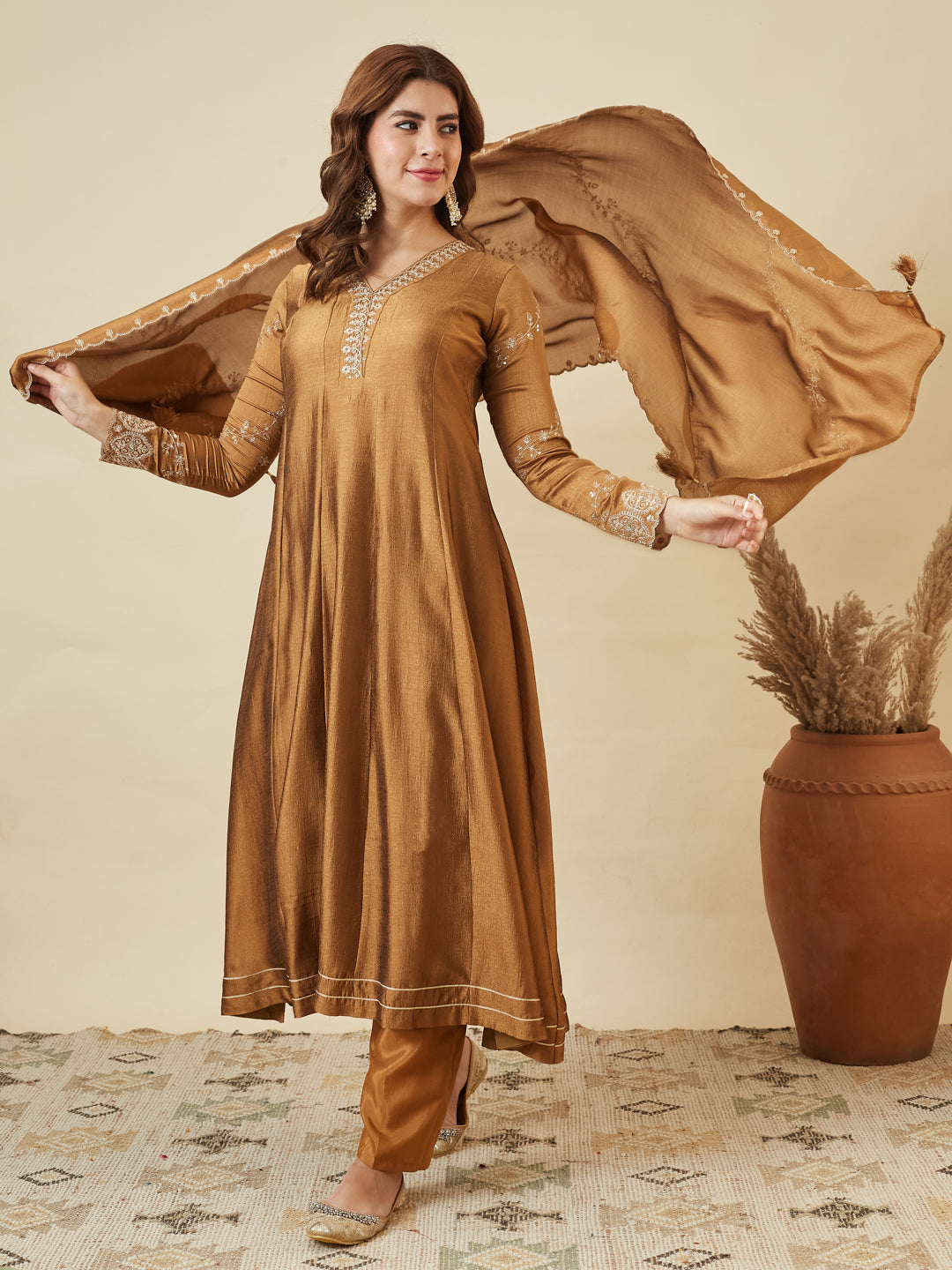 Golden Silk Embroidered Anarkali Kurta with Dupatta Set