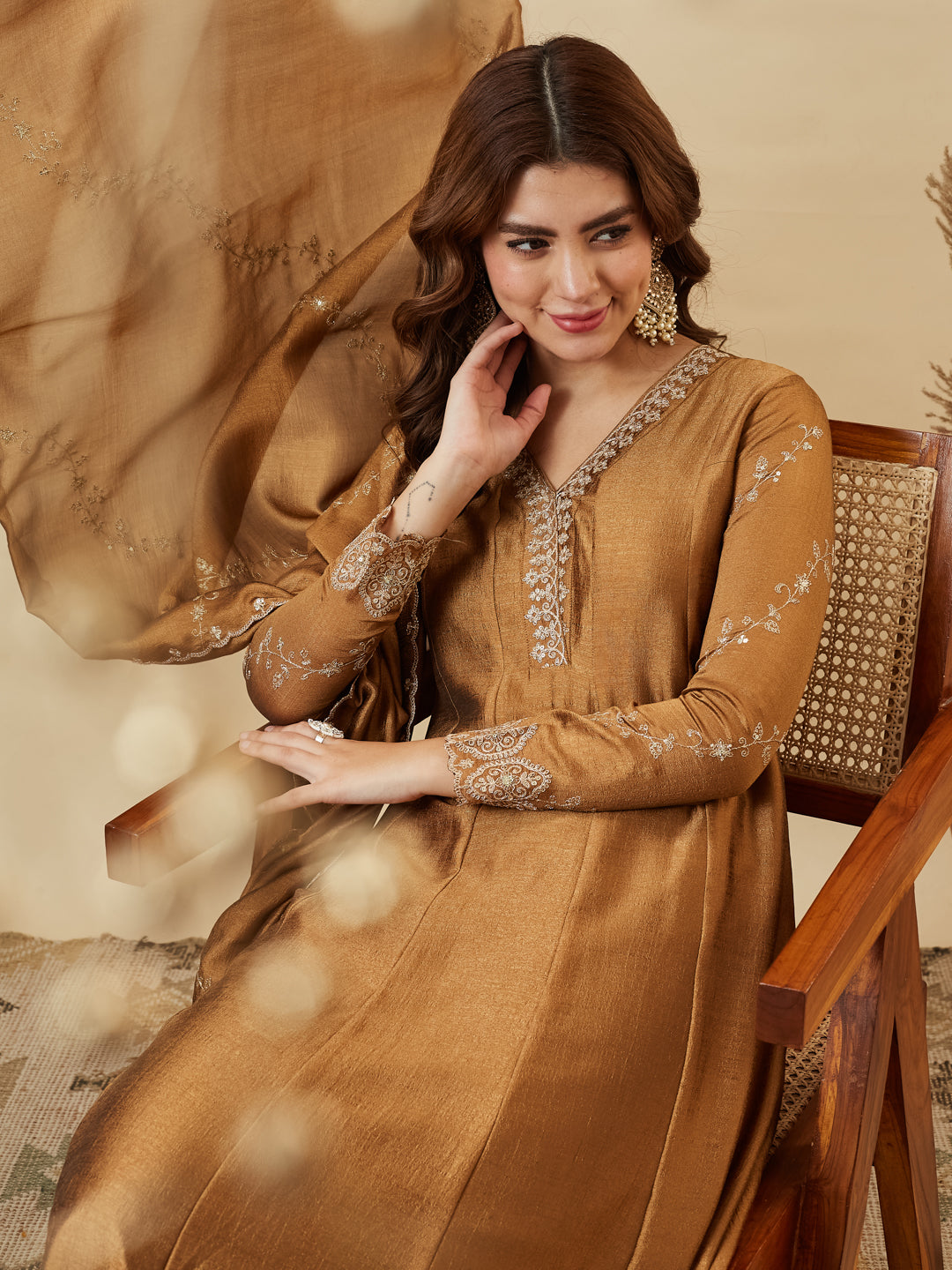 Golden Silk Embroidered Anarkali Kurta with Dupatta Set