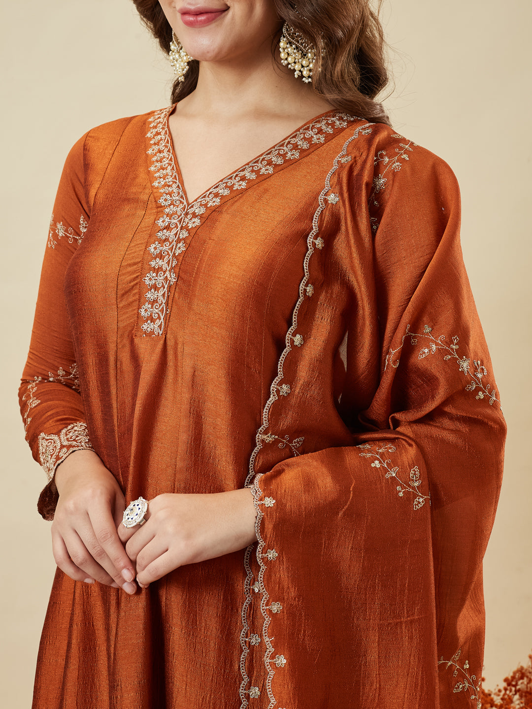 Rust Silk Embroidered Anarkali Kurta with Dupatta Set