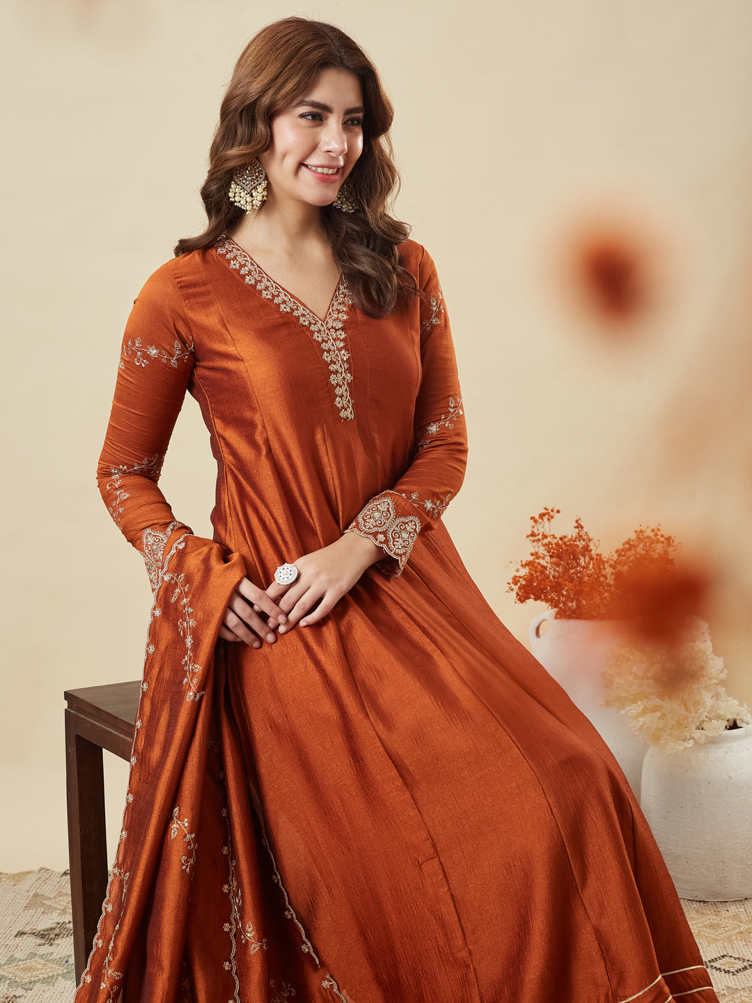 Rust Silk Embroidered Anarkali Kurta with Dupatta Set
