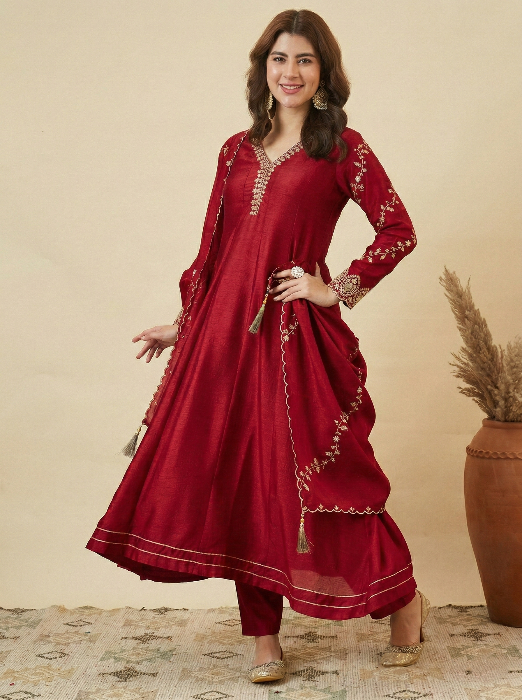 Red Silk Embroidered Anarkali Kurta with Dupatta Set