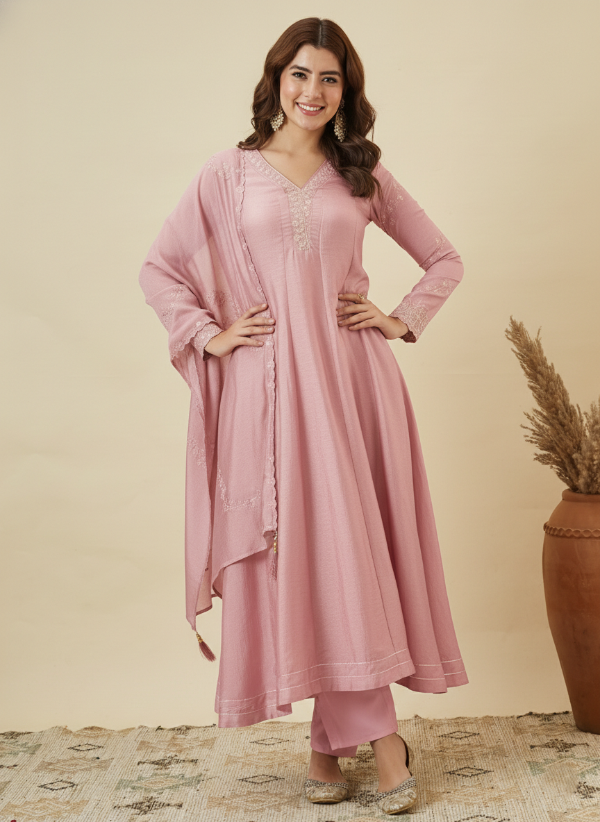 Pink Silk Embroidered Anarkali Kurta Set with Dupatta
