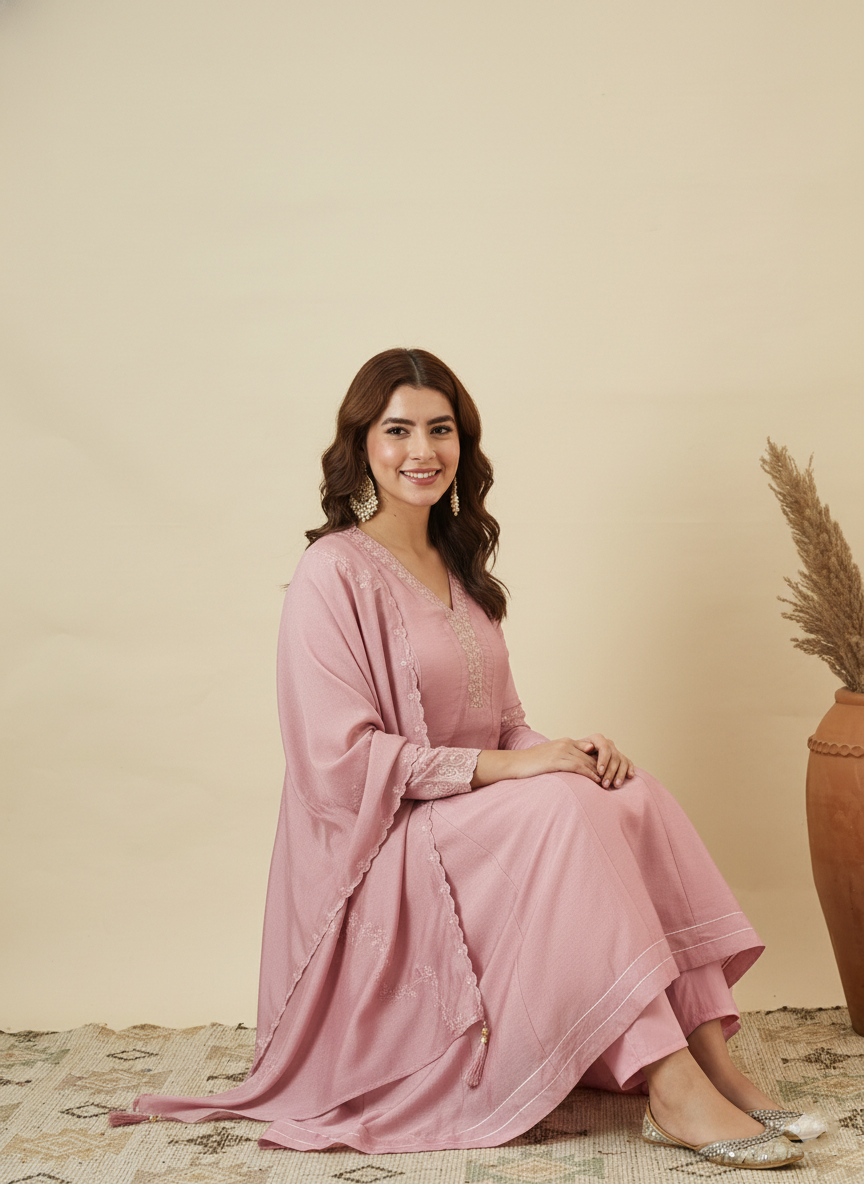 Pink Silk Embroidered Anarkali Kurta Set with Dupatta