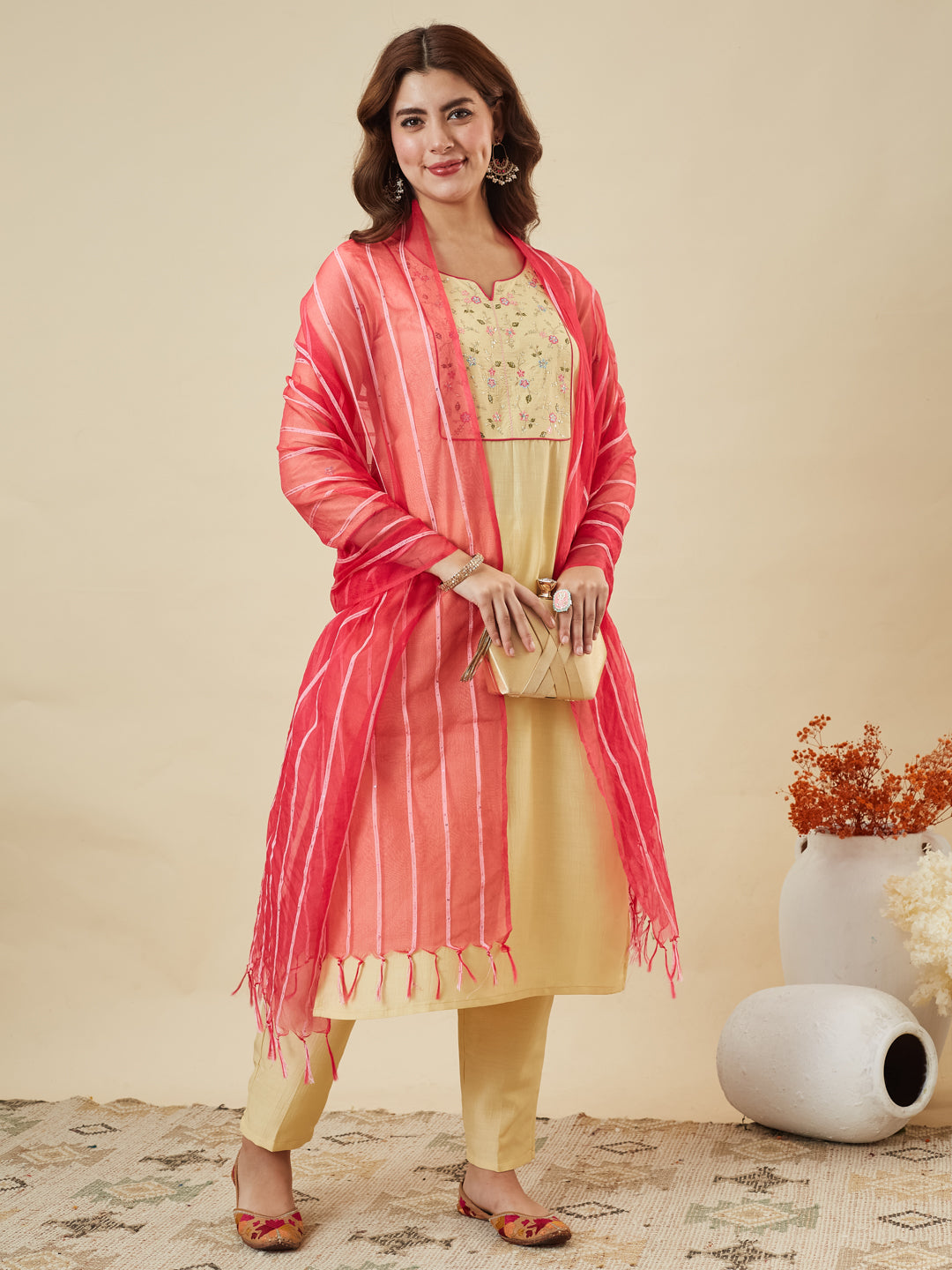 Yellow Embroidered Chinon Kurta with Dupatta Set for womens