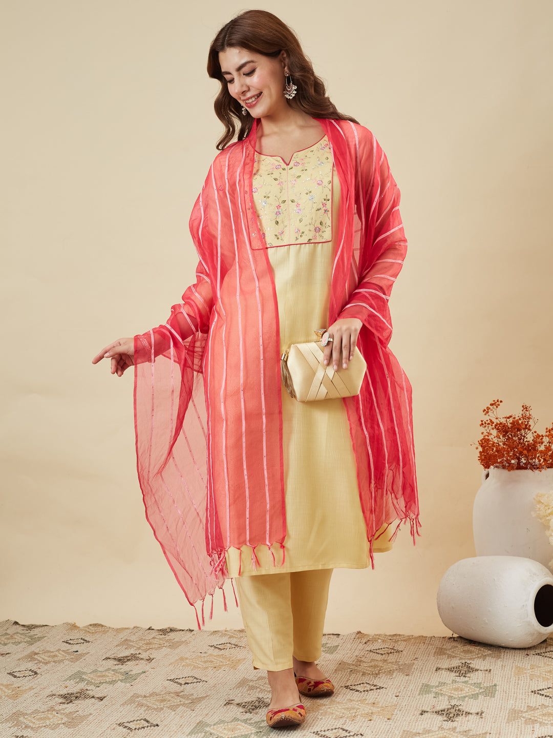 Yellow Embroidered Chinon Kurta with Dupatta Set for womens