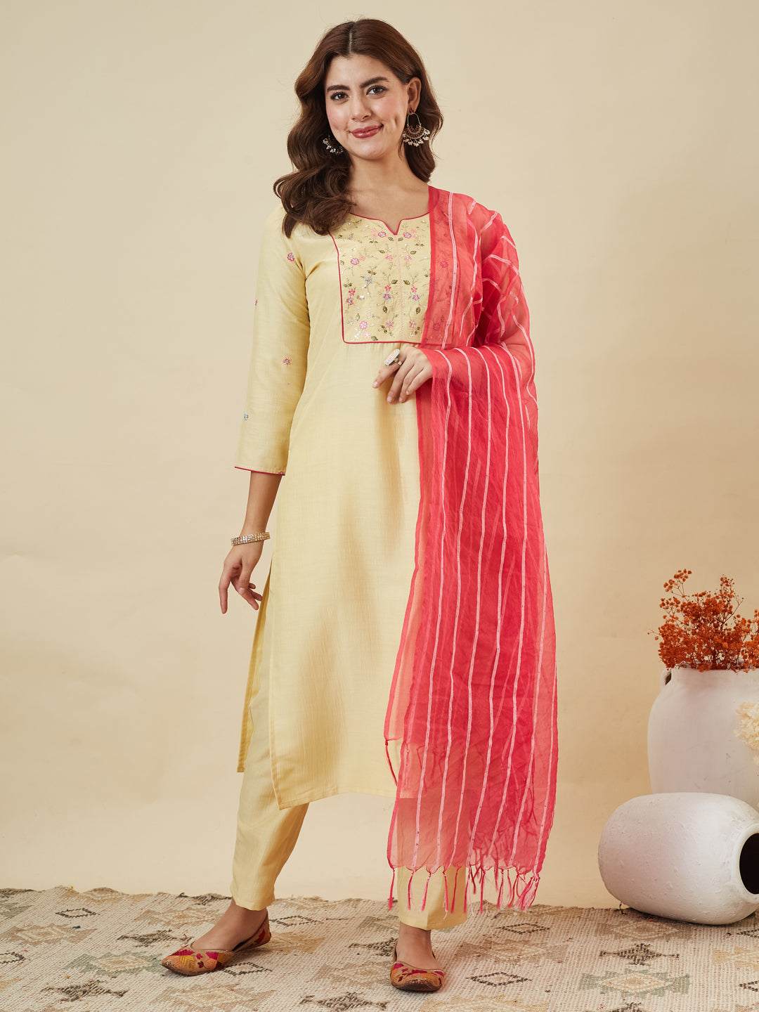 Yellow Embroidered Chinon Kurta with Dupatta Set for womens
