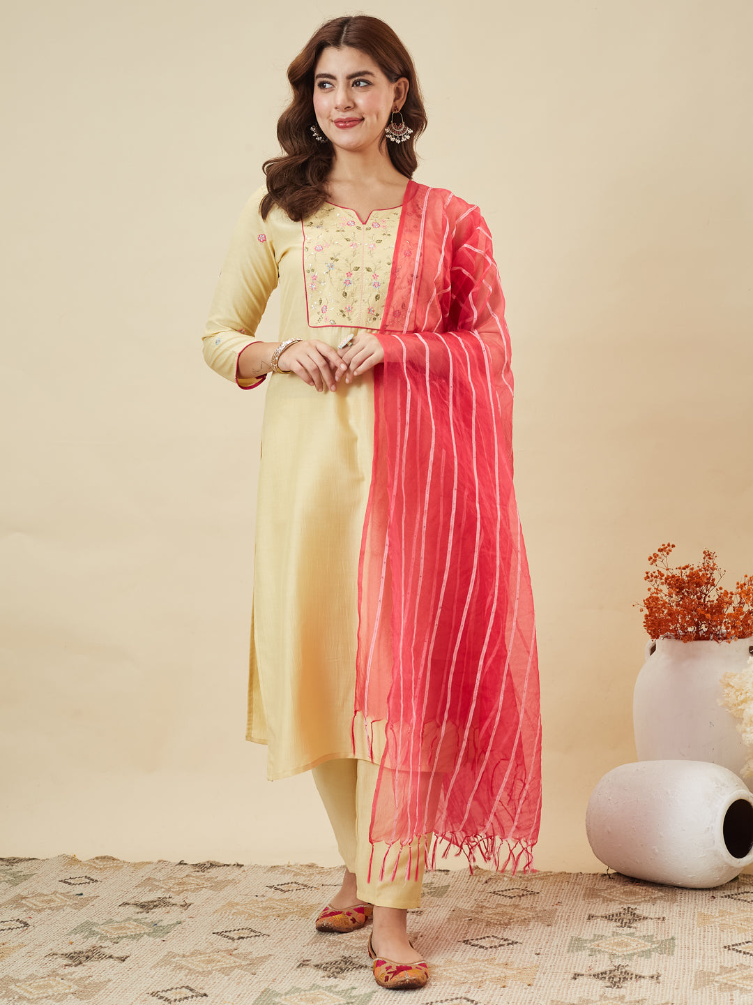 Yellow Embroidered Chinon Kurta with Dupatta Set for womens