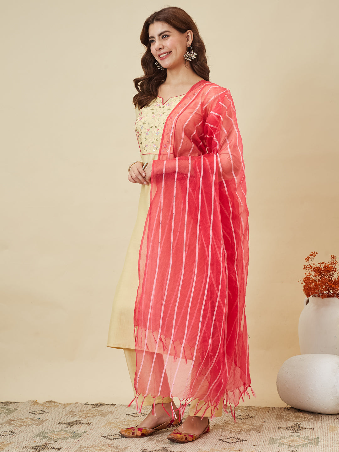 Yellow Embroidered Chinon Kurta with Dupatta Set for womens