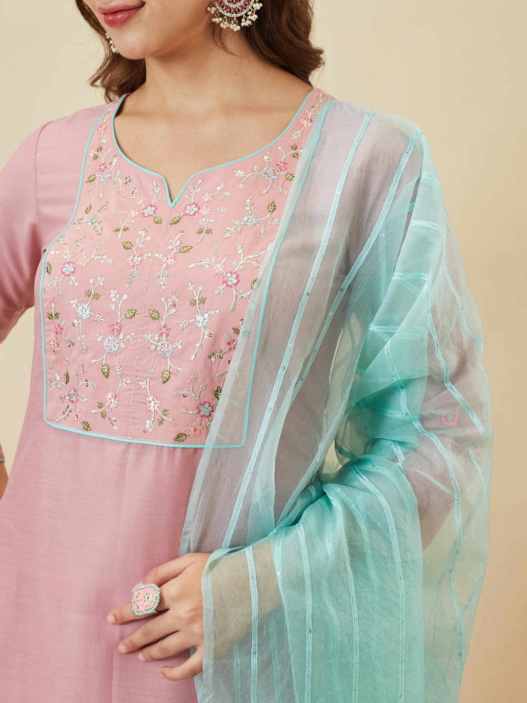 Pink Embroidered Chinon Kurta with Dupatta Set for womens