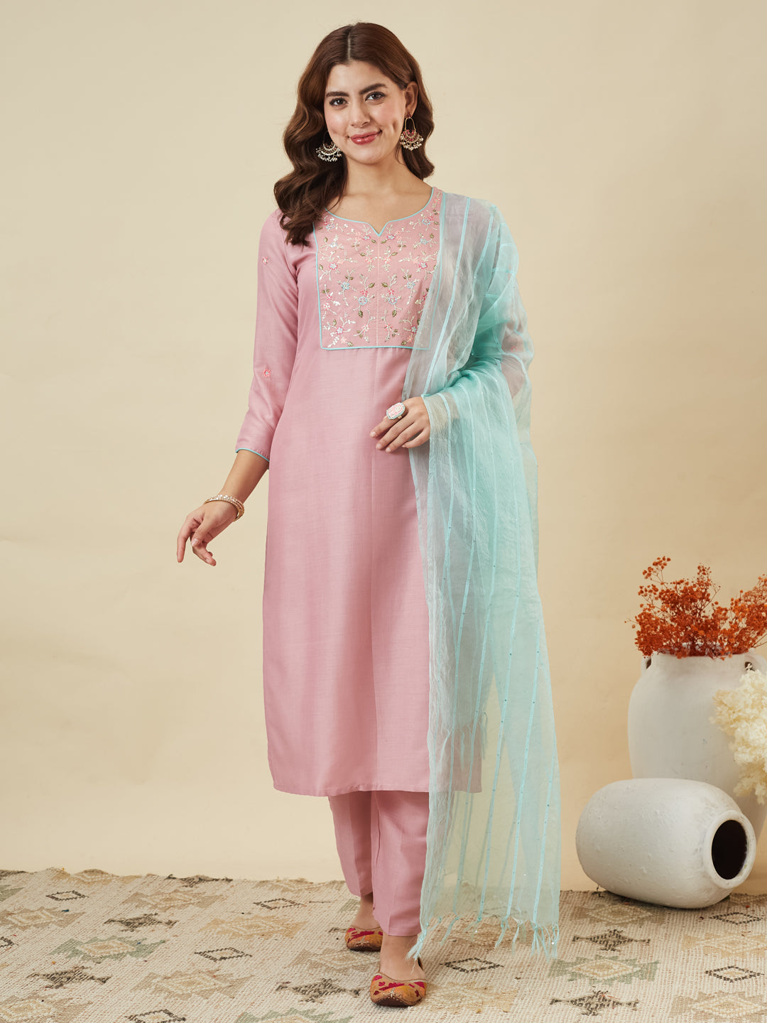 Pink Embroidered Chinon Kurta with Dupatta Set for womens