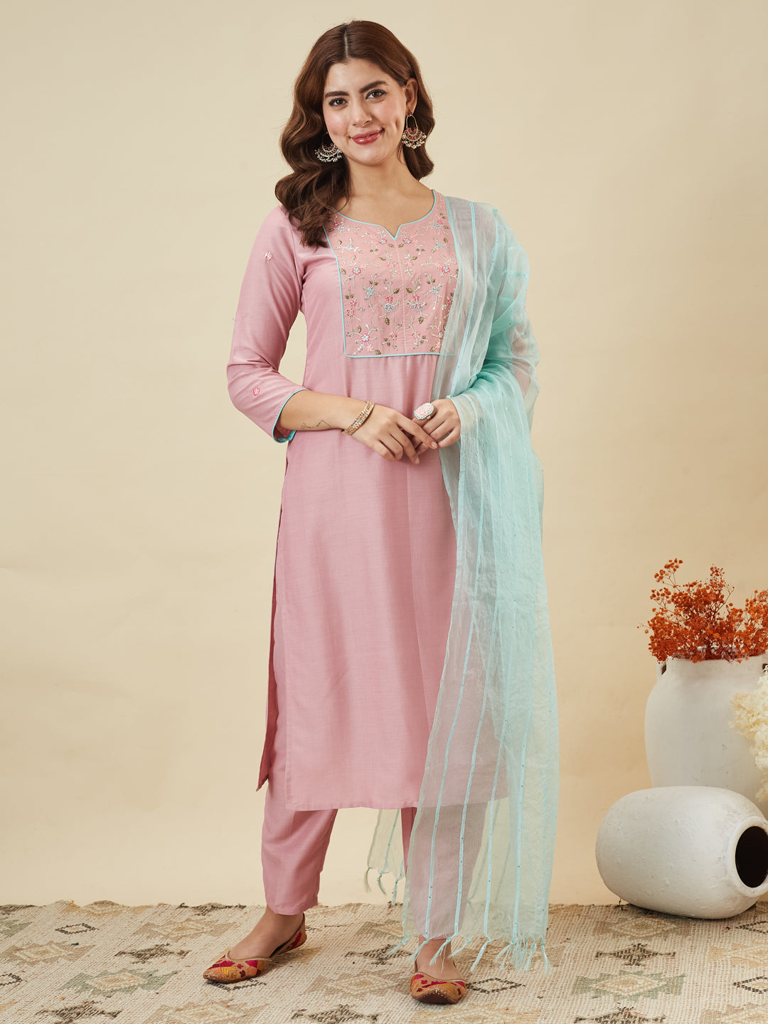 Pink Embroidered Chinon Kurta with Dupatta Set for womens