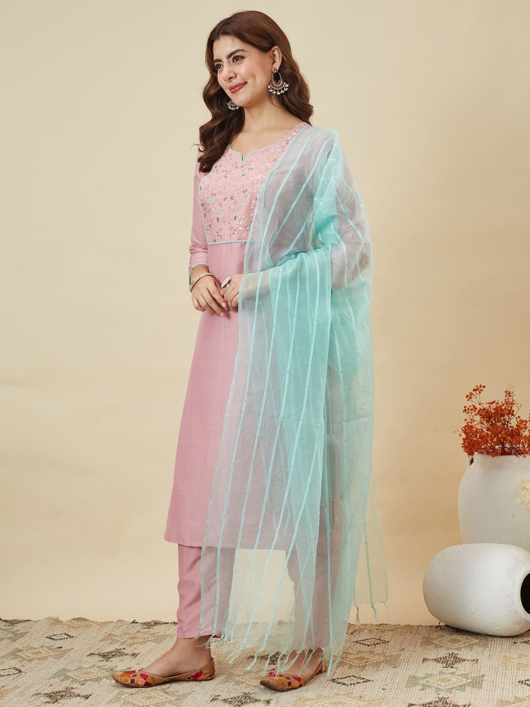 Pink Embroidered Chinon Kurta with Dupatta Set for womens