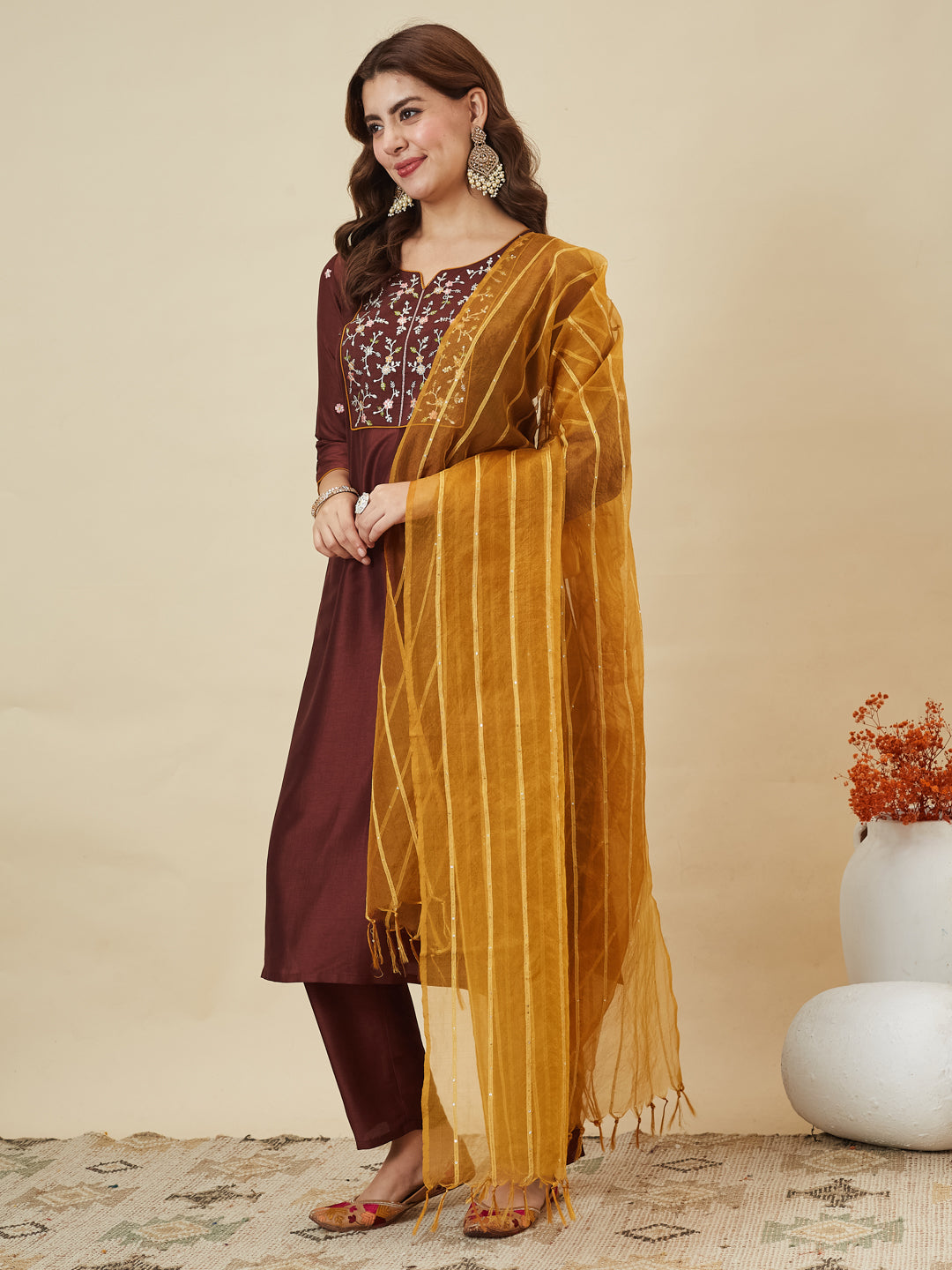 Coffee Embroidered Chinon Kurta with Dupatta Set for womens