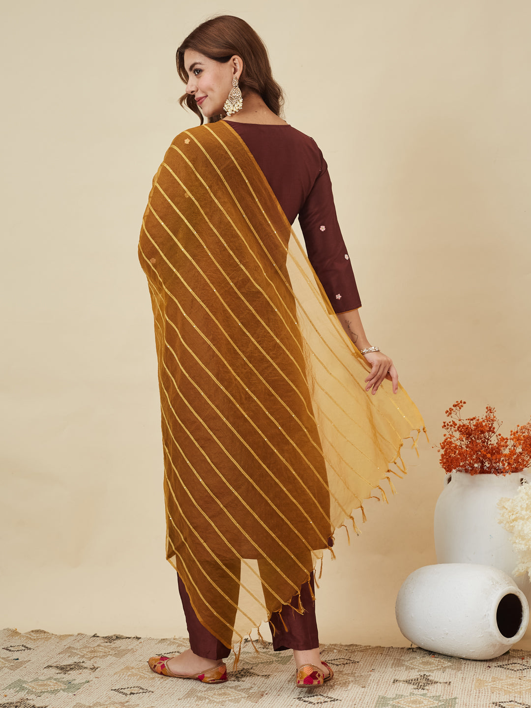 Coffee Embroidered Chinon Kurta with Dupatta Set for womens