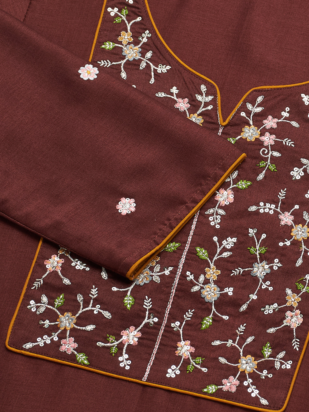 Coffee Embroidered Chinon Kurta with Dupatta Set for womens