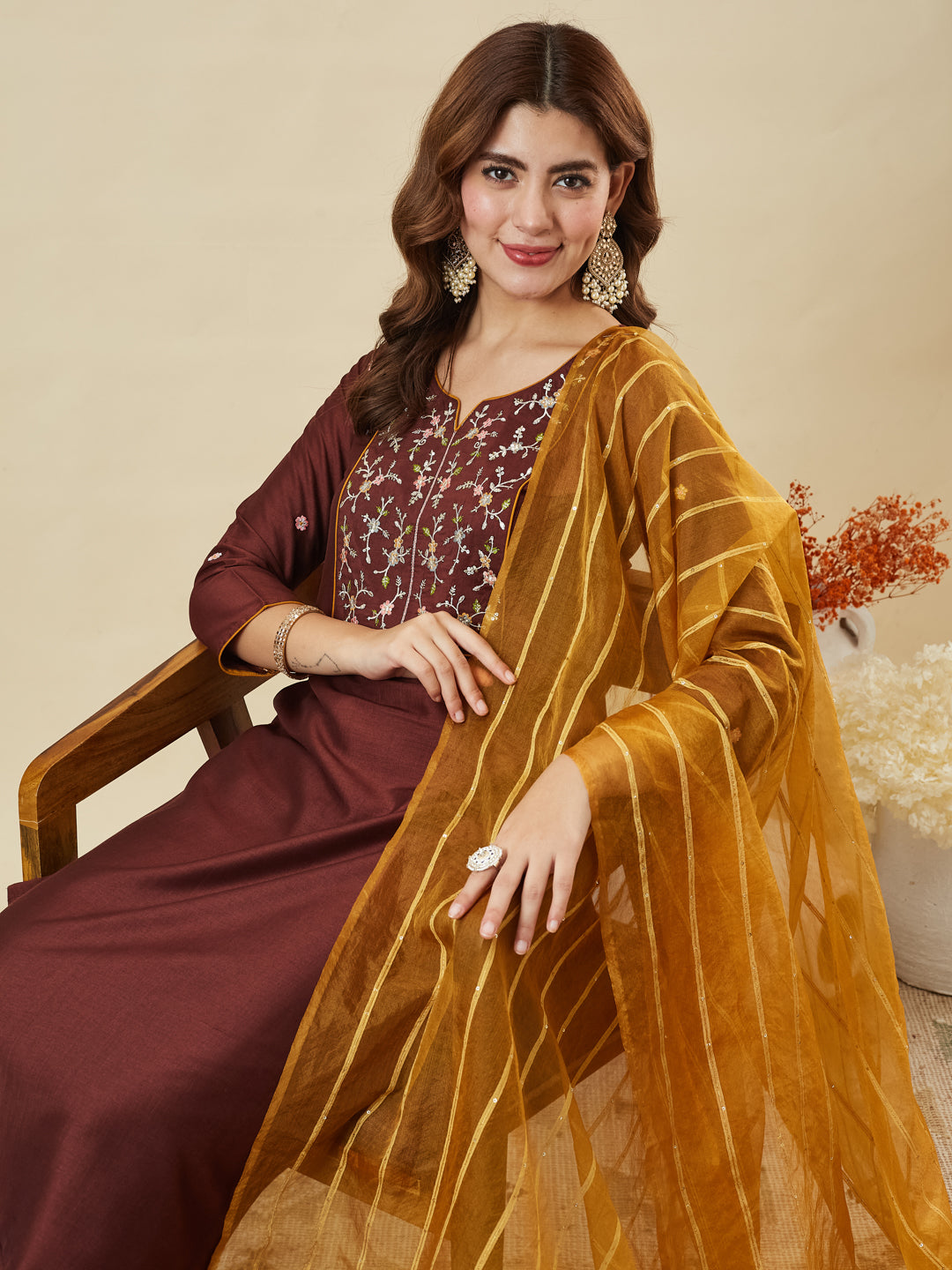 Coffee Embroidered Chinon Kurta with Dupatta Set for womens