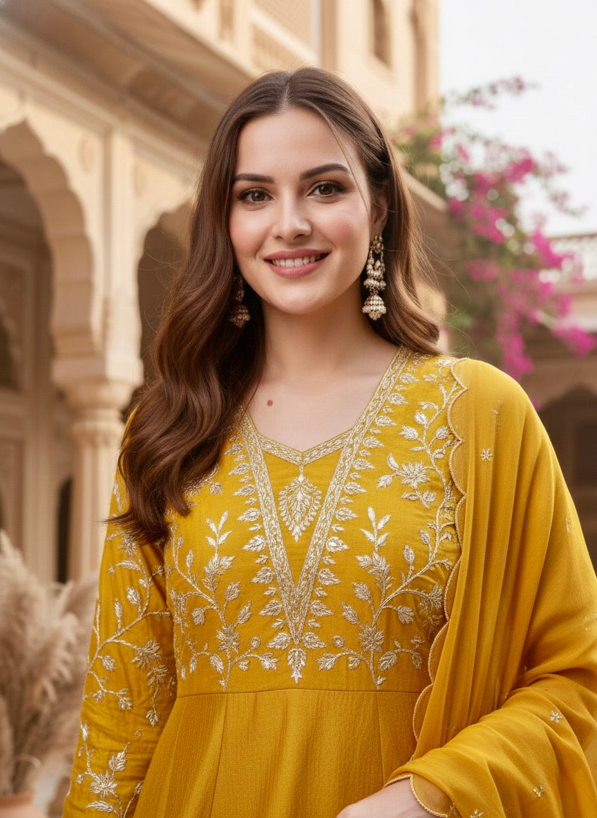 Mustard Embroidered Silk Anarkali Kurta With Dupatta Set