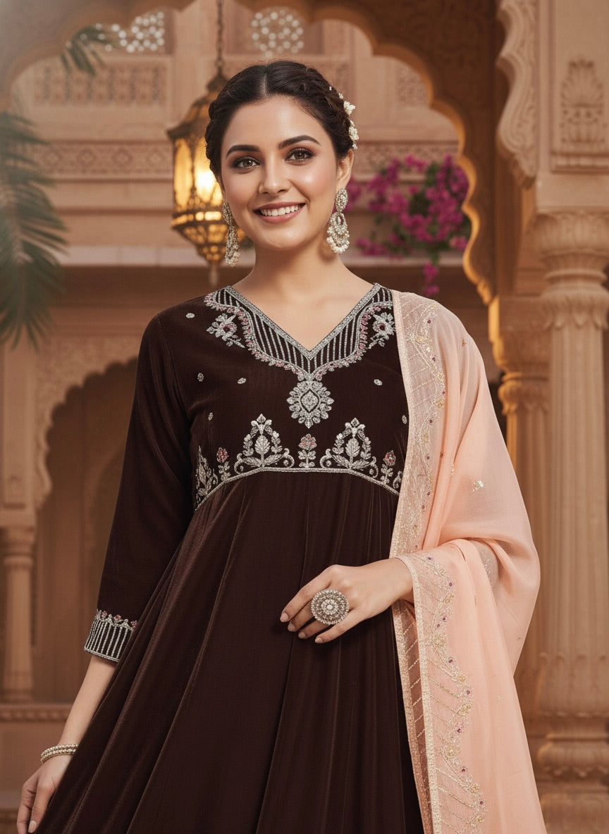 Coffee Solid Velvet Anarkali Suit With Dupatta
