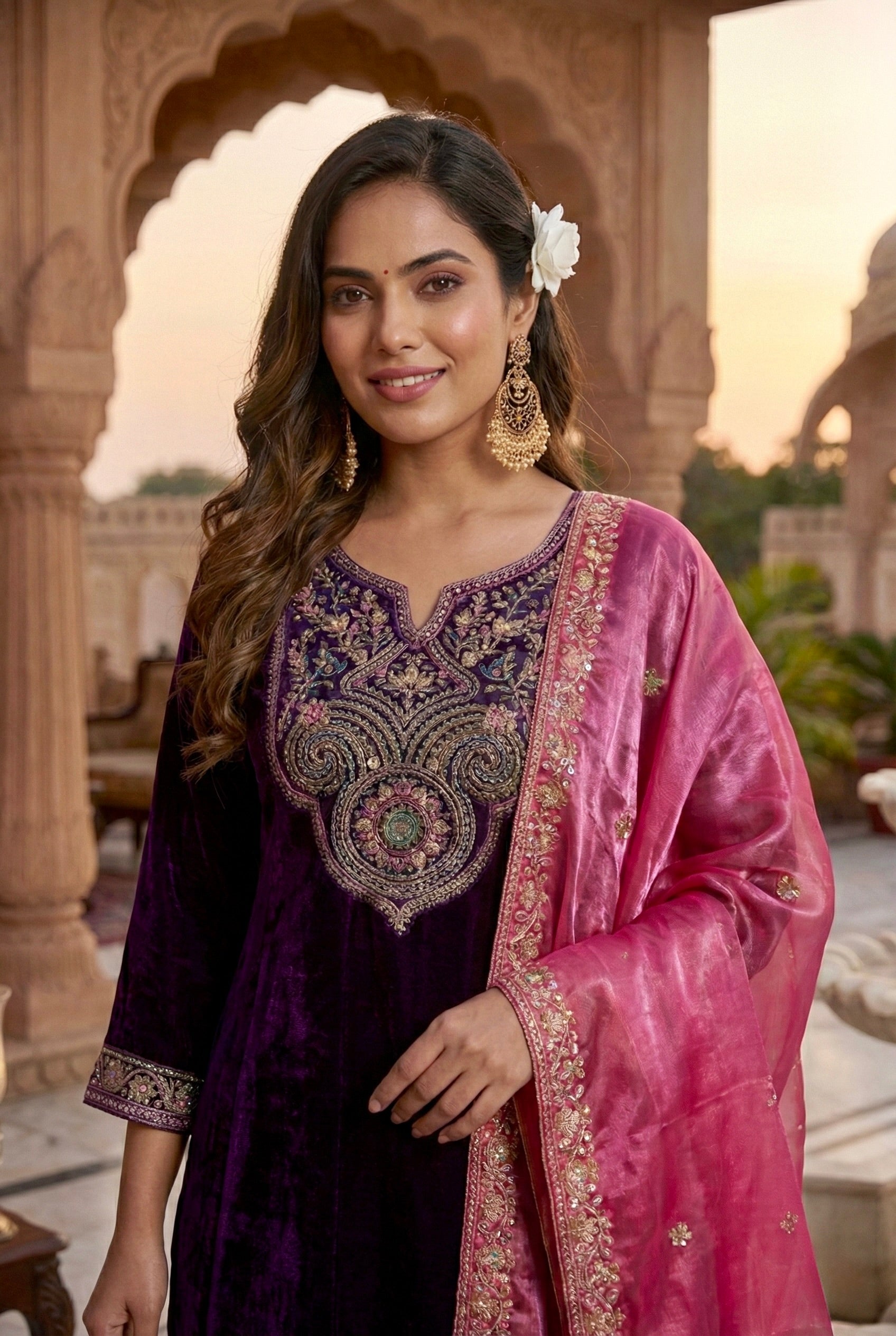 Violet Solid Velvet Anarkali Suit With Dupatta