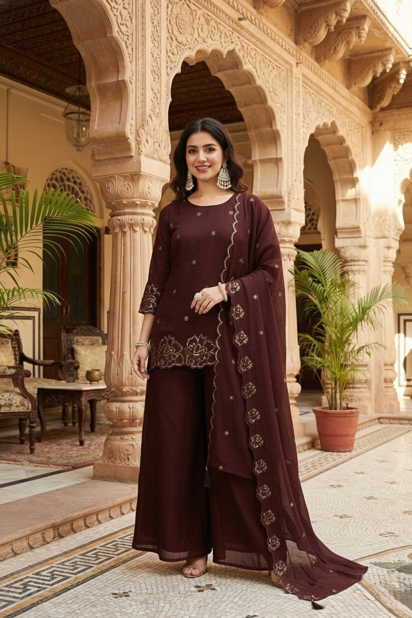 Coffee Silk Embroidered Suit with Palazzo Set for Women