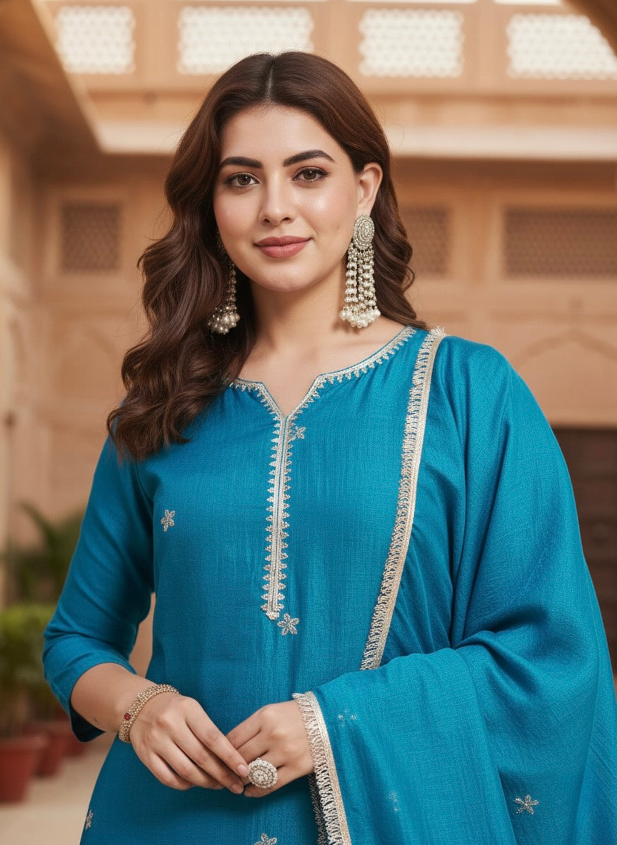 Rama Embroidered Silk Kurta with Dupatta Set