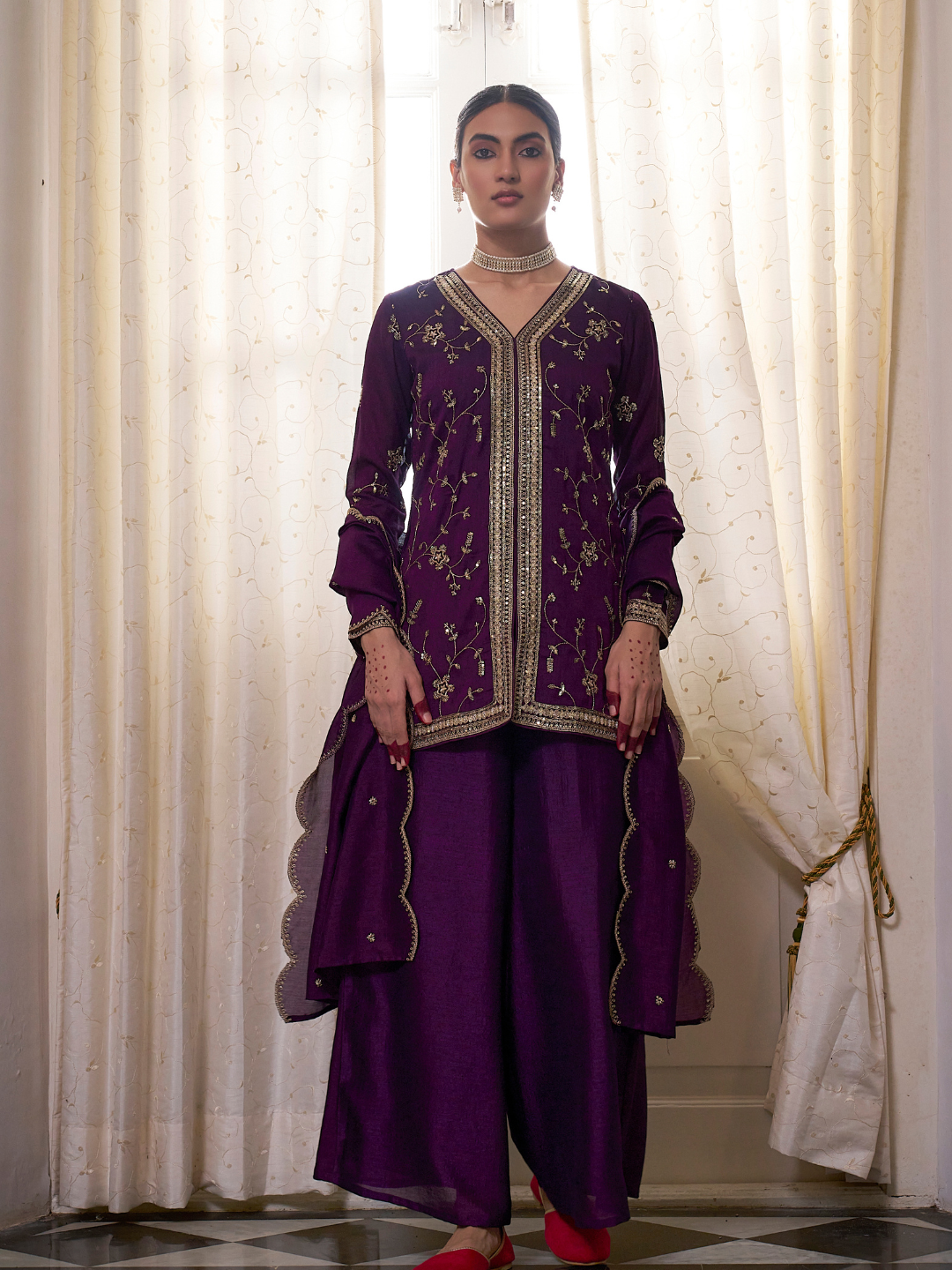 Violet Embroidered Peplum Top with Sharara Set