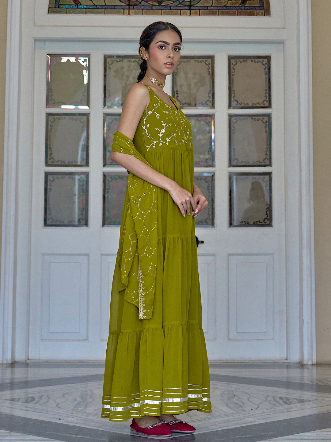 Green Embroidered Tiered Anarkali Kurta with Dupatta set