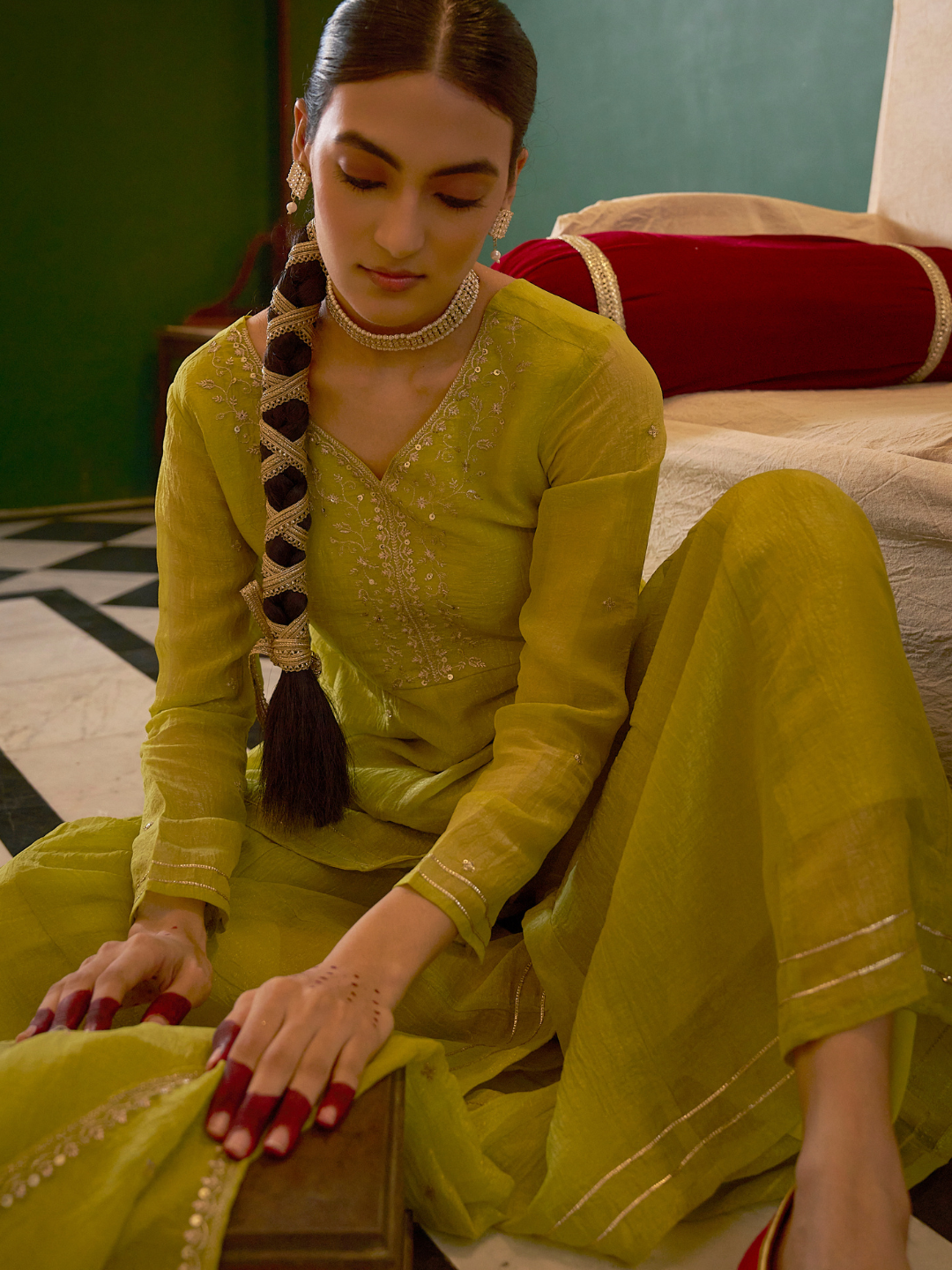 Neon Embroidered Peplum Top with Sharara Set
